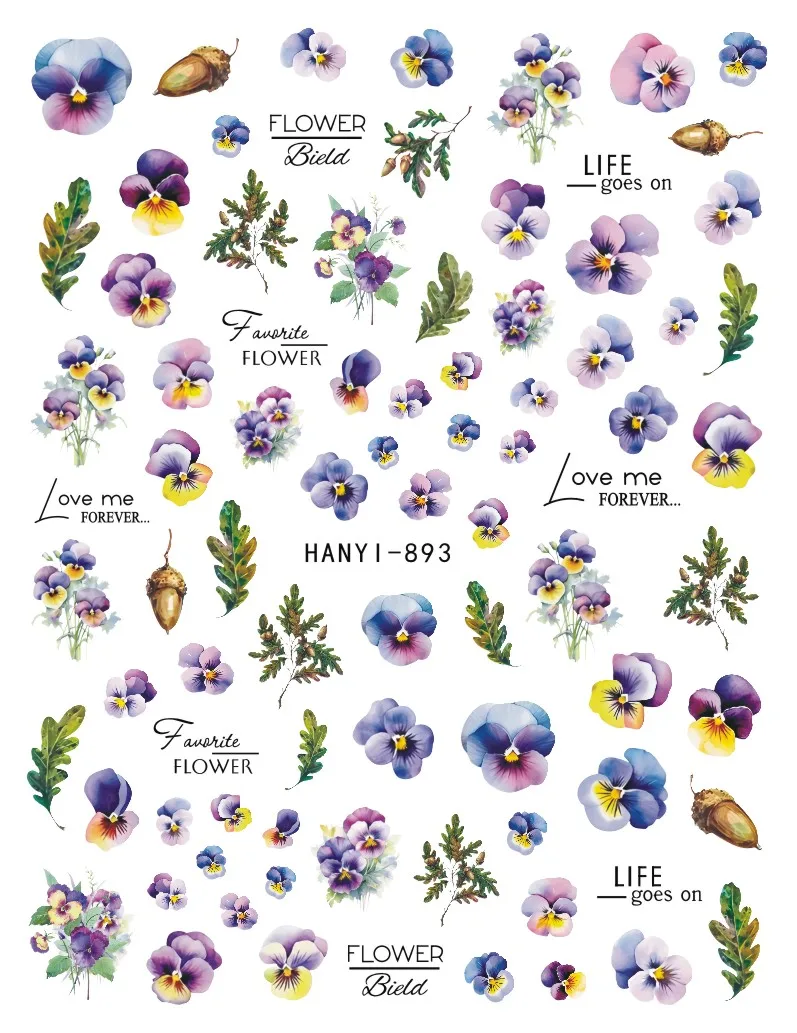 2pcs Purple Pansy Petals Florals Flowers Pinecone Letters 3d Nail Art Stickers Nail Art Decals For Manicures Tips DIY
