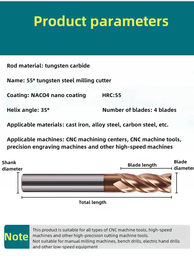 HRC55 4 Flute End Mill Nano Coating Tungsten carbide milling cutter CNC Router Bits 5x13x6x50 7x20x8x60 6x24x6x75 20x90x20x200