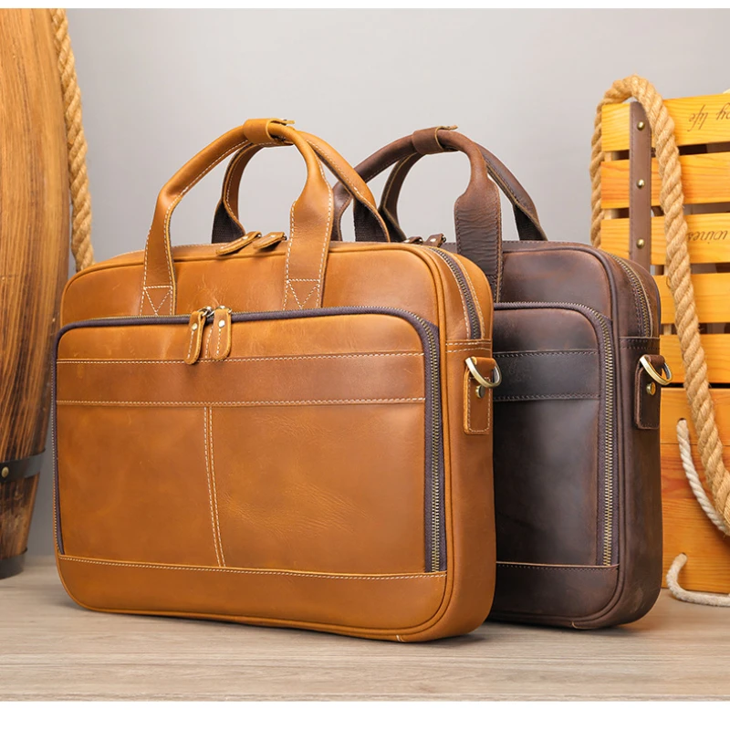 

Vintage Laptop Briefcase Bag Genuine Leather Handbags Casual Business Bag Daily Working Tote Bags Men Male Bag for Documents