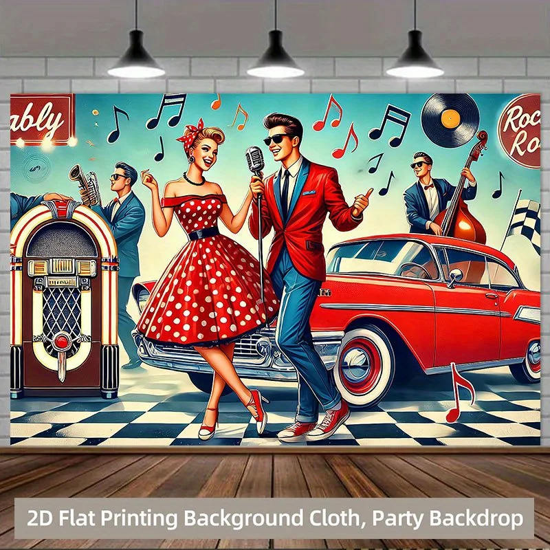 2D flat, 1pc retro music party background - retro 1950s rock theme with red cars, microphones and speakers - view 4