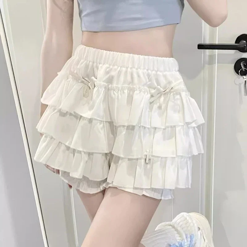 Bloomers Women Elastic Waist Mini Skirts Tiered Ruffle Puffy Shorts Soft Girl Cute Kawaii Harajuku Y2K Coquette Clothes