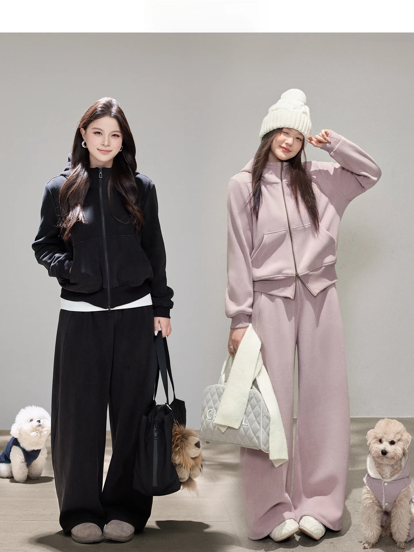 

Повседневный спортивный женский комплект: худи и брюки с широкими штанинами, утепленный зимний наряд, высокая талия, застежка-молния, однотонный