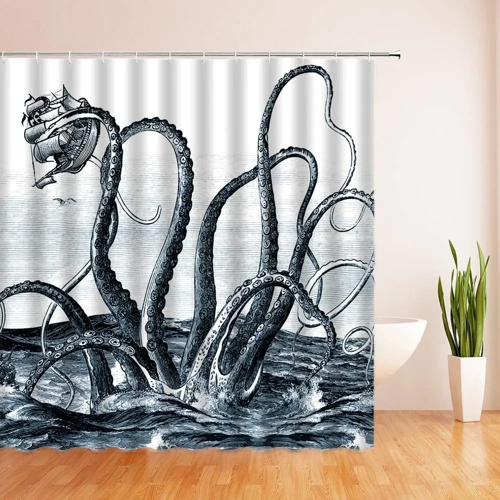 Octopus Tentacle Shower Curtain,Nautical Giant Ocean Kraken Tentacles Attack In Old Style Sail Ship Fabric Bathroom Curtain Hook