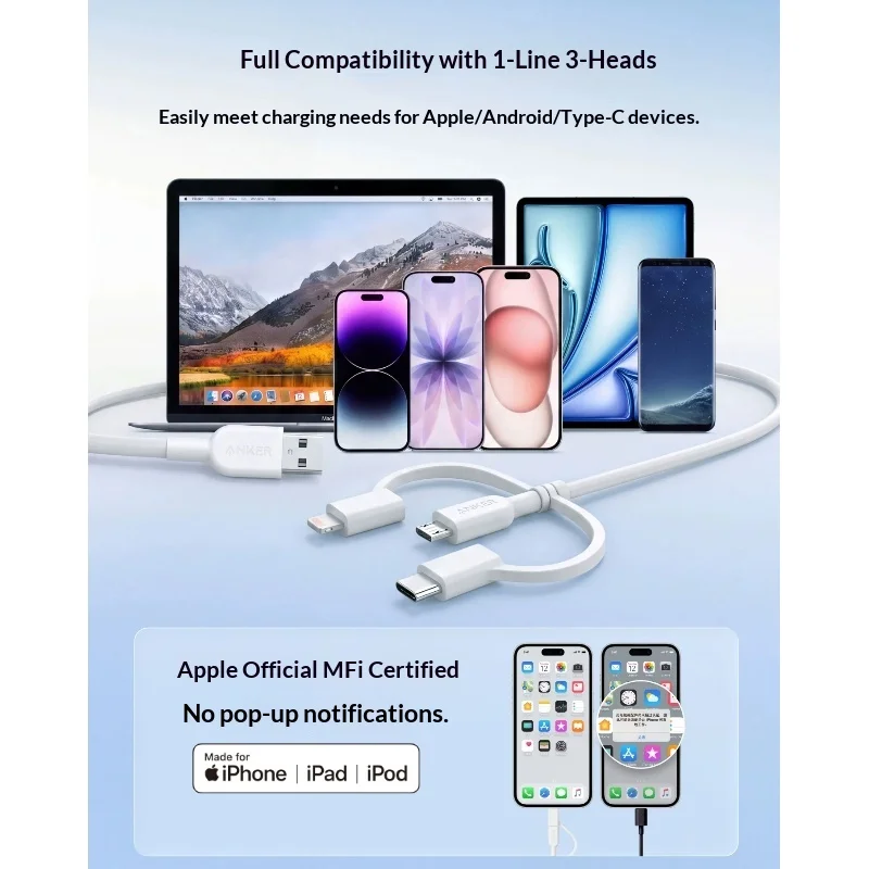 Anker 3 In 1 Multi-Head Fast Charging Car Charging Cable Multi-Functional Usb Cord Compatible With Various Smart Devices