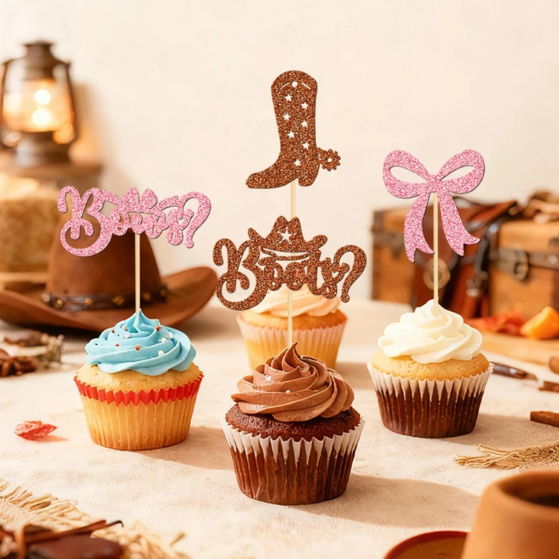 YOMDID 24 Stück Cupcake-Topper mit Western-Thema, glitzernde Schleifen und Stiefel, Cupcake-Picks, Schleife, Stiefel, Stiefel mit Hut-Designs, Kuchendekoration