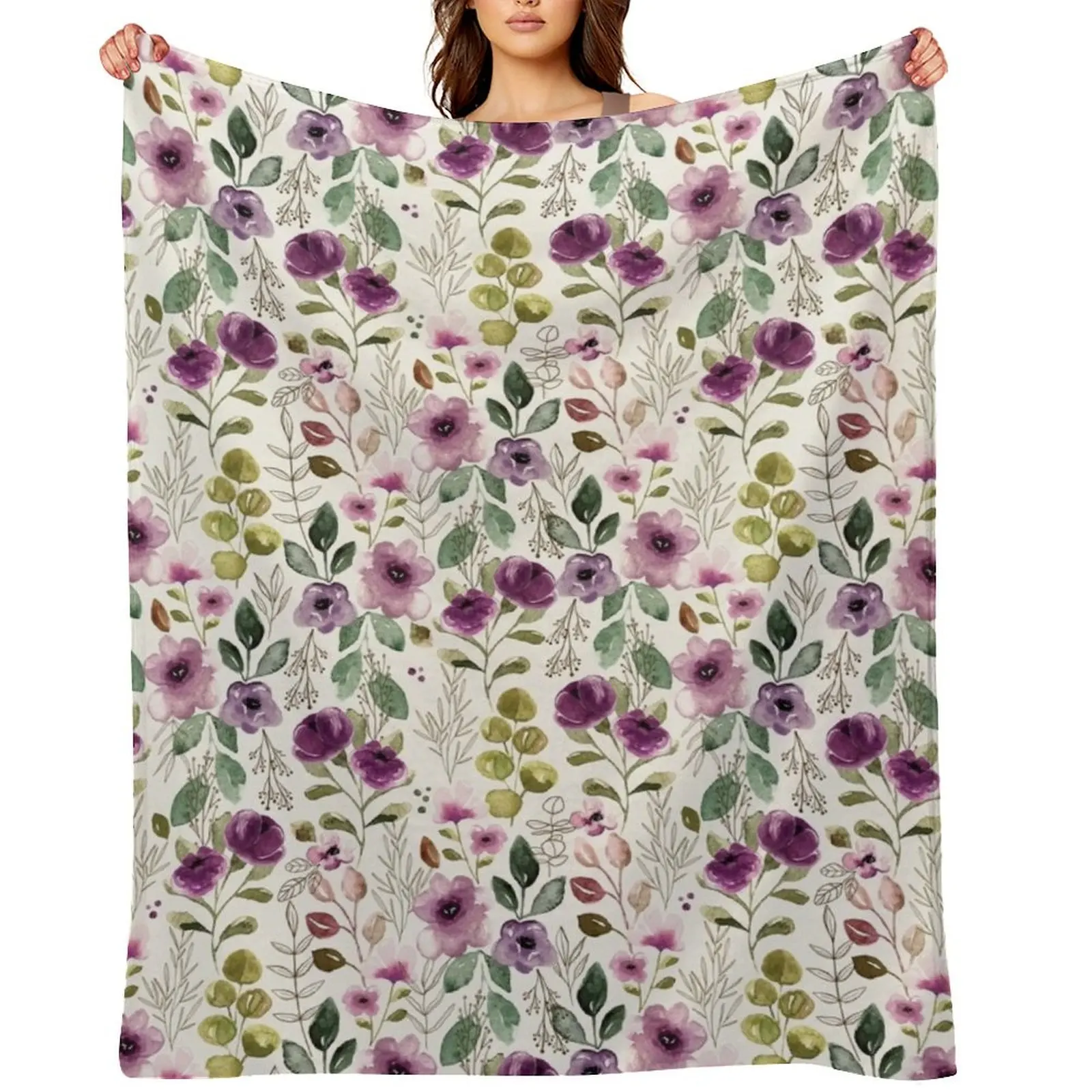 

Boho Purple Floral, Watercolor Floral, Boho Decor Throw Blanket Multi-Purpose Summer Softest Thermal Blankets