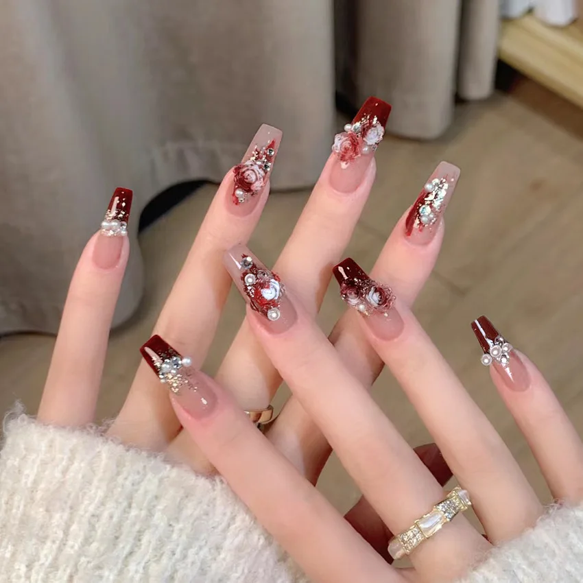 Long Ballet Press on Nails Red Rose Flower Designed Full Cover Fake Nails French Style Wearable False Nails Tips for Women