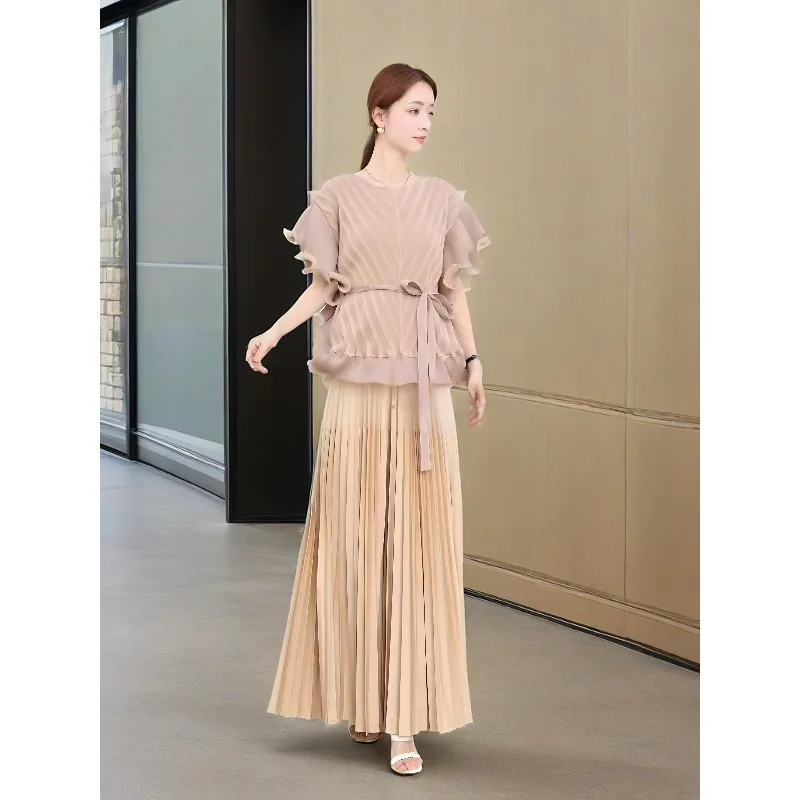

Miyake Pleated Pants Set 2025 Fall New Round Neck Wooden Earring Top Wide Leg Pleated Pants 2-piece Suit Women's Clothing