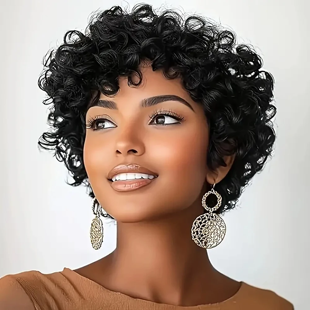 باروكات الشعر البشري البرازيلي قصيرة الرطب والمموجة عابث قطع شعر مستعار مع الانفجارات للنساء آلة صنع قبل قطعها شعر مستعار مجعد مظهر طبيعي