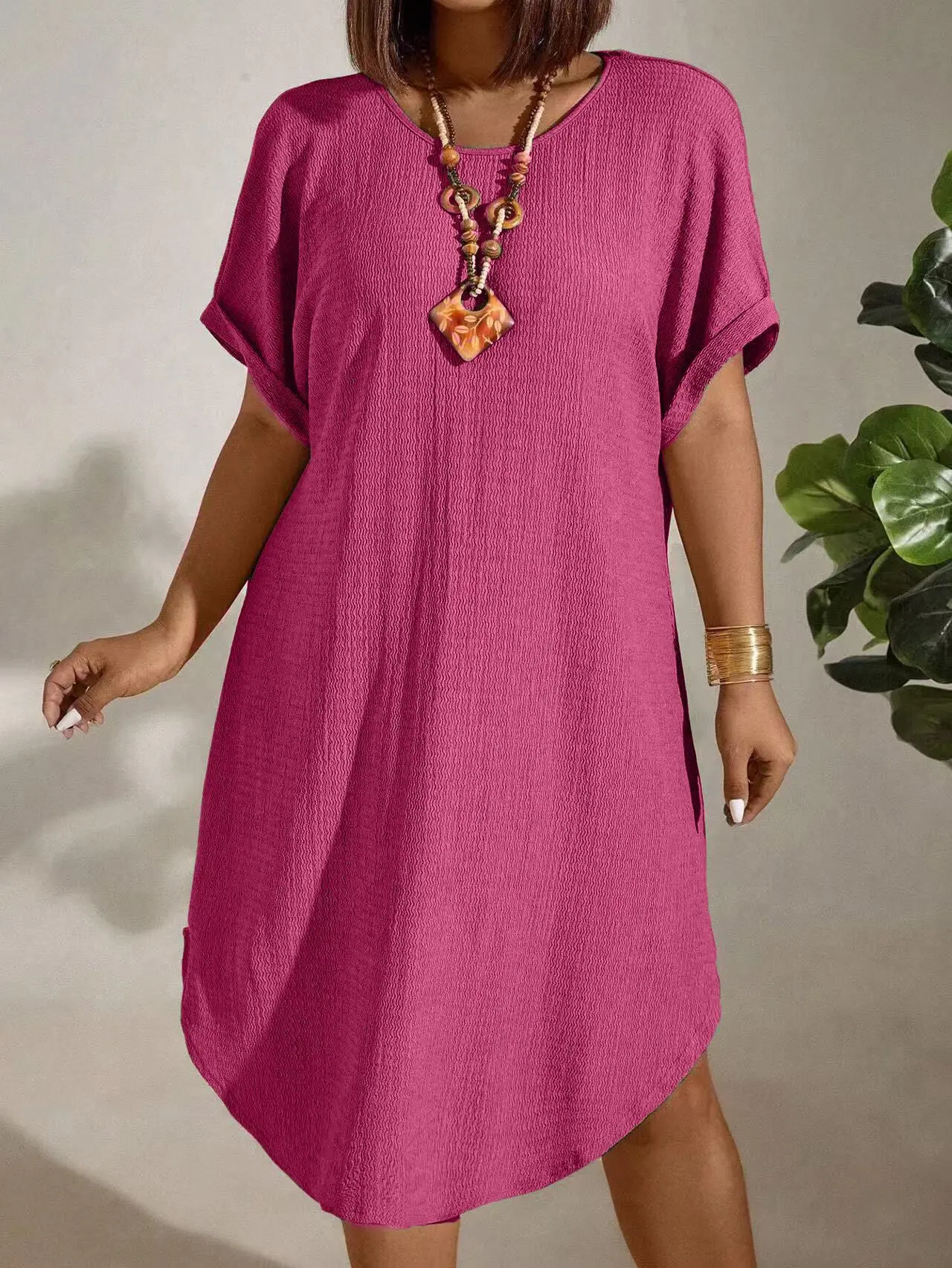 European and American large-size women's clothing 2025 summer new short-sleeved solid color dress large-size