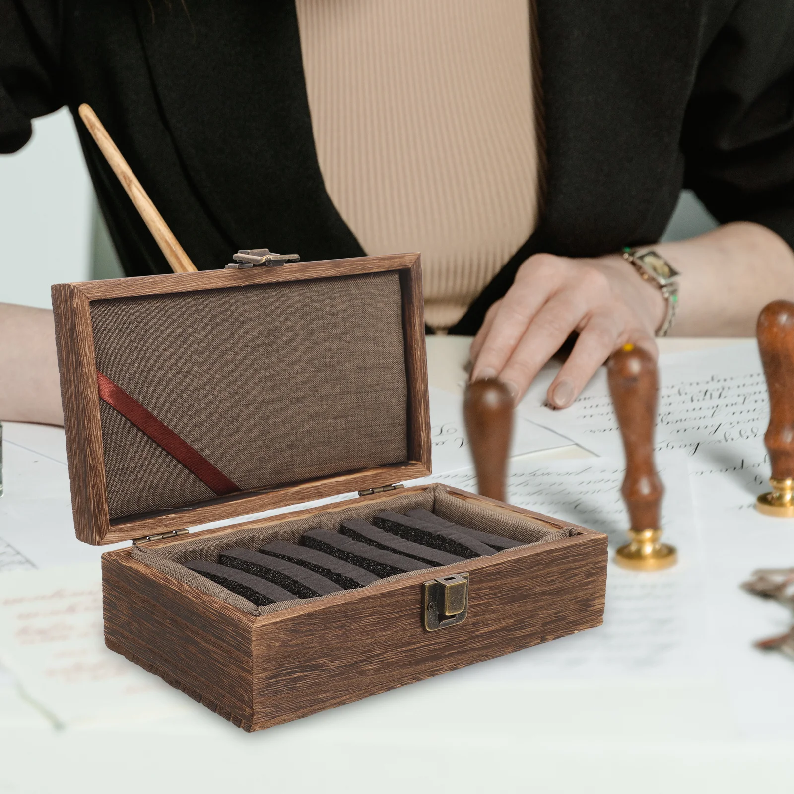 Carbonized Paulownia Wood Stamp Storage Box Compact Lightweight Inkpad Holder Wooden Seal Case Organizer For Calligraphy