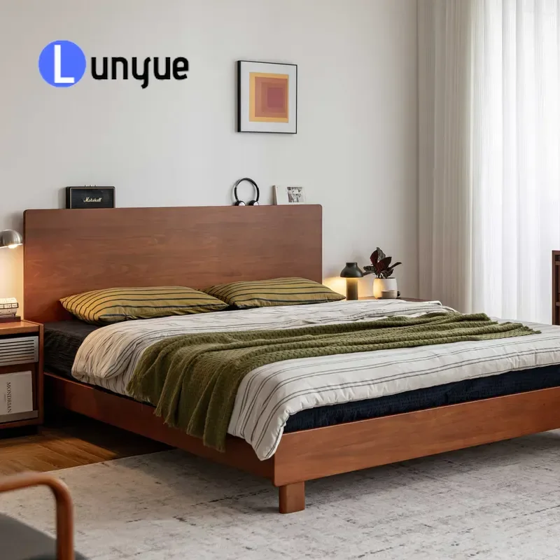 Modern Large Solid Wood Bed High Panel Headboard Traditional Brown Design Soft Upholstered Style for Bedroom Furniture