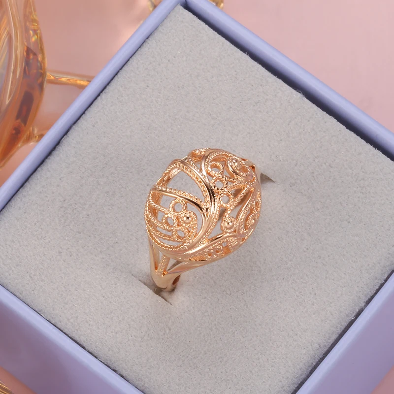 Kinel Hot Trendy 585 Rose Gold Color Rings for Women Hollow Pattern Romantic Ethnic Bride Rings Unusual Wedding Daily Jewelry