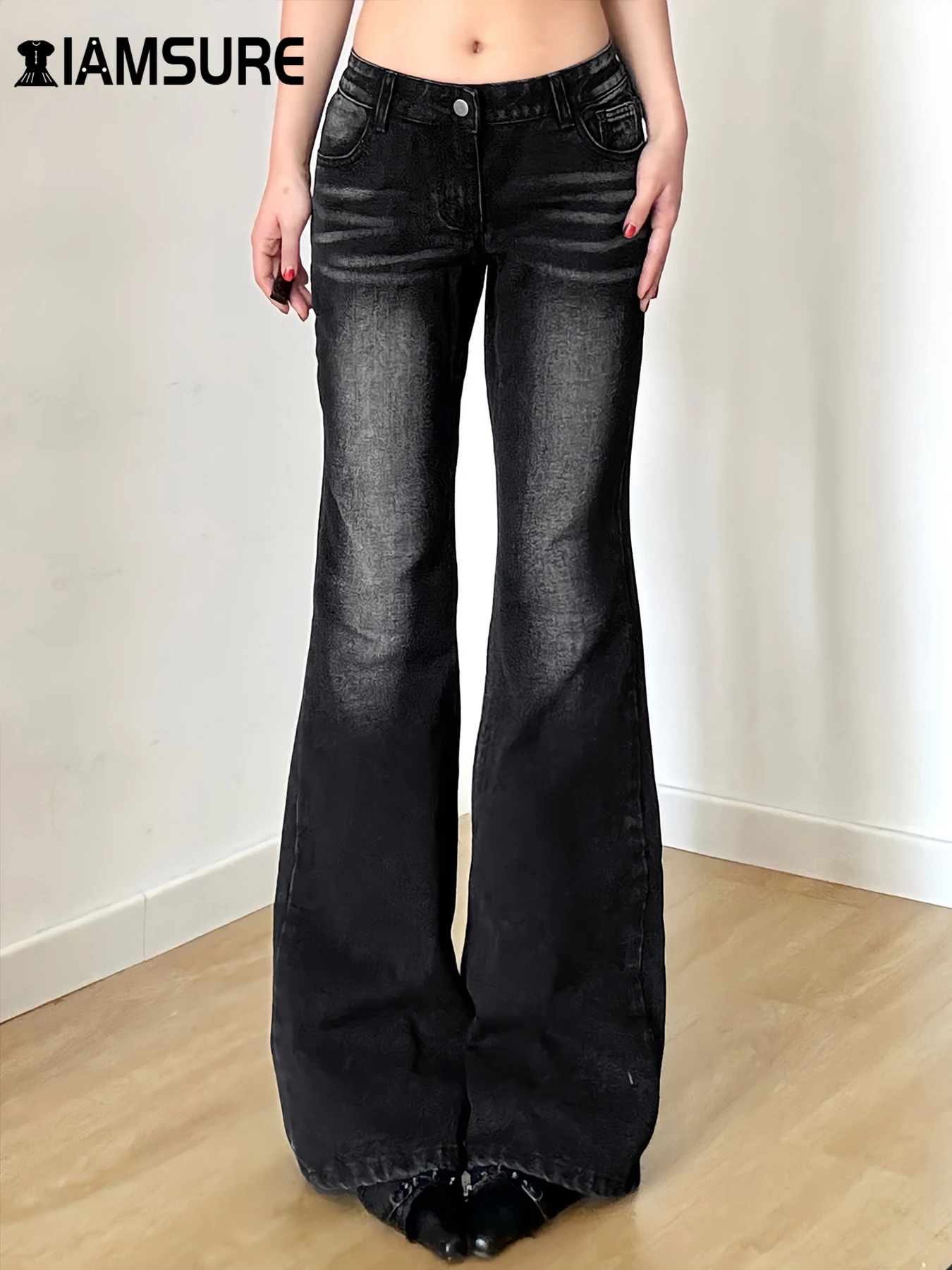 

IAMSURE Basic Slim Jeans Flrae Pants Casual Low-Waisted Wide Leg Pants Women 2025 Spring Autumn Streetwear Ladies Classy Jeans