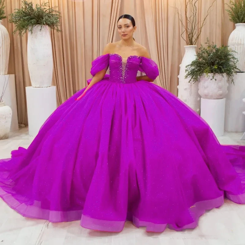 Vestido de quinceañera con cuentas de cristal, vestido de baile con lazo grande, vestido de quinceañera con hombros descubiertos, purpurina fucsia, dulce 16, 15