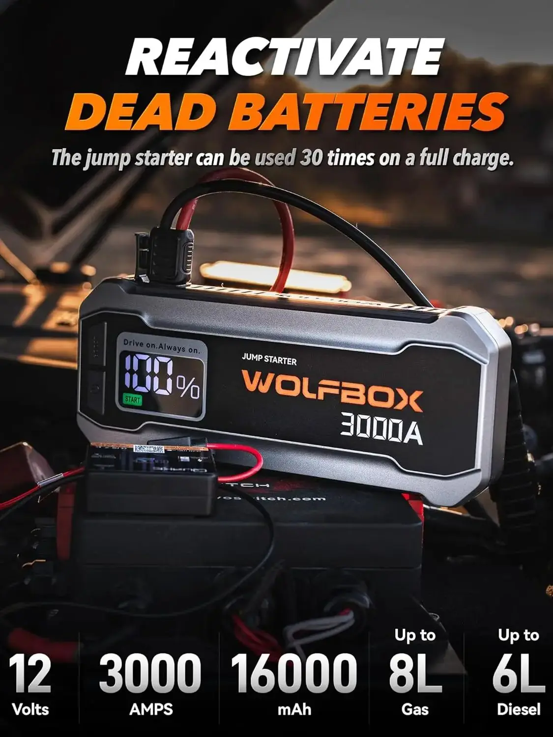 WOLFBOX 3000Amp Auto Starthilfe Booster Batterie Jumper Power Bank Schnellladegerät