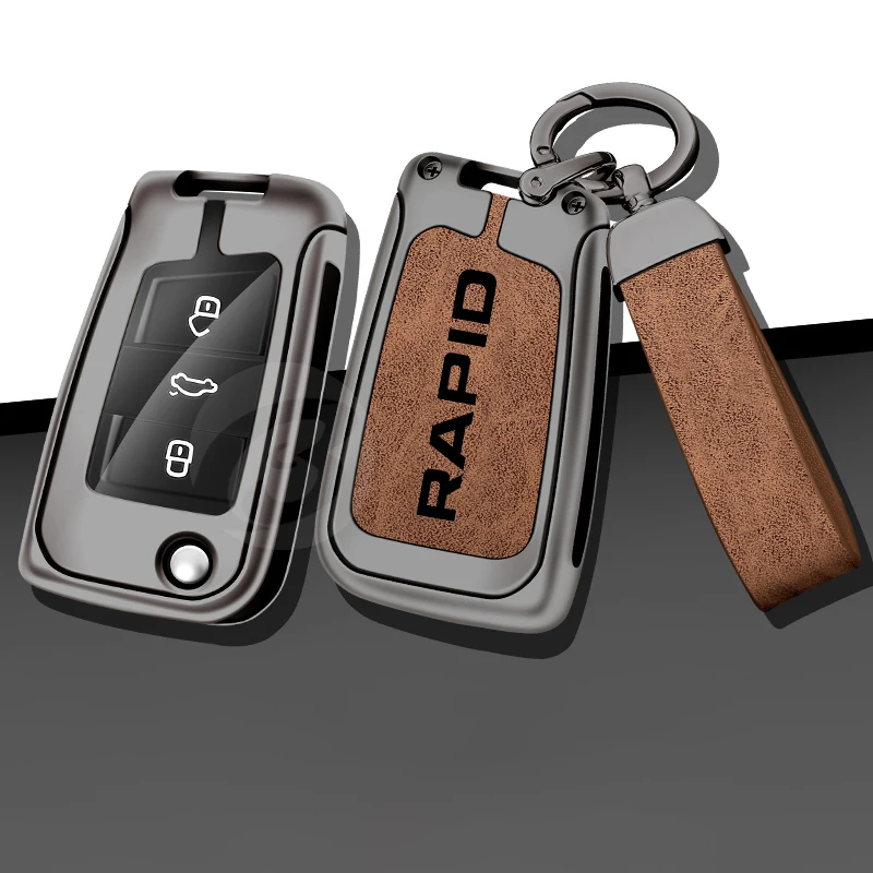 Stylish Leather Zinc Alloy Car Key Case Cover For Skoda Rapid Logo Holder Folding Keyless Keychain Accessories