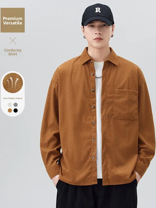 

New 2025 Men's Corduroy Jaet Casual irt Collar Workwear Long Sve Stand Fit Polyester Fabric Windproof Autumn Wear