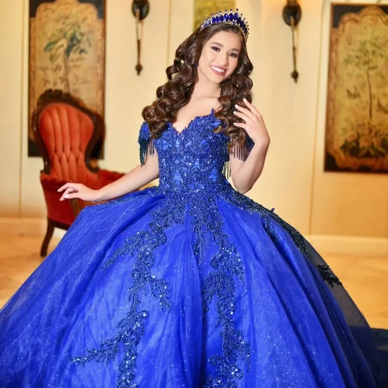 Royal Blue Princess Quinceanera Dresses Ball Gown Off The Shoulder Appliques Beaded Sweet 16 Dresses 15 Años Mexican