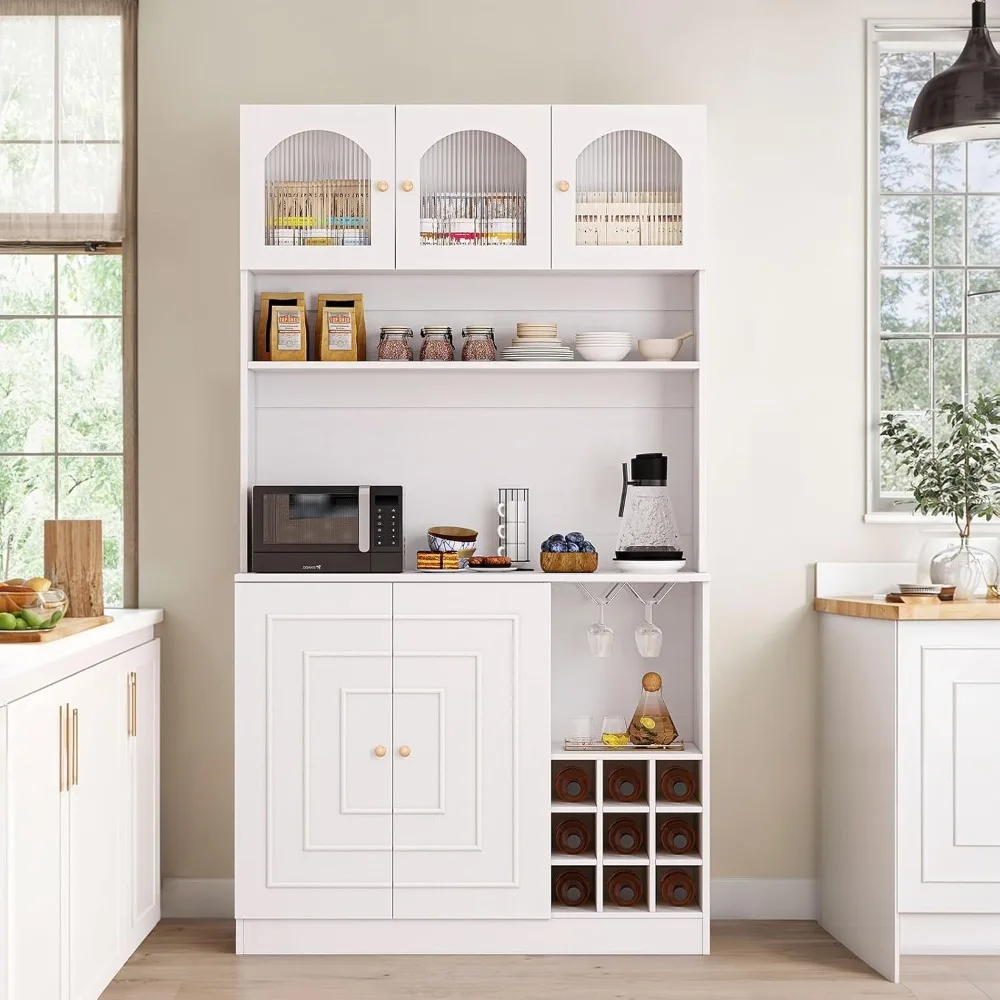 

Kitchen Pantry Cabinet with Microwave Shelf，71" Kitchen Hutch Storage Cabinet, White Buffet Coffee bar with Wine Glass Rack, Win