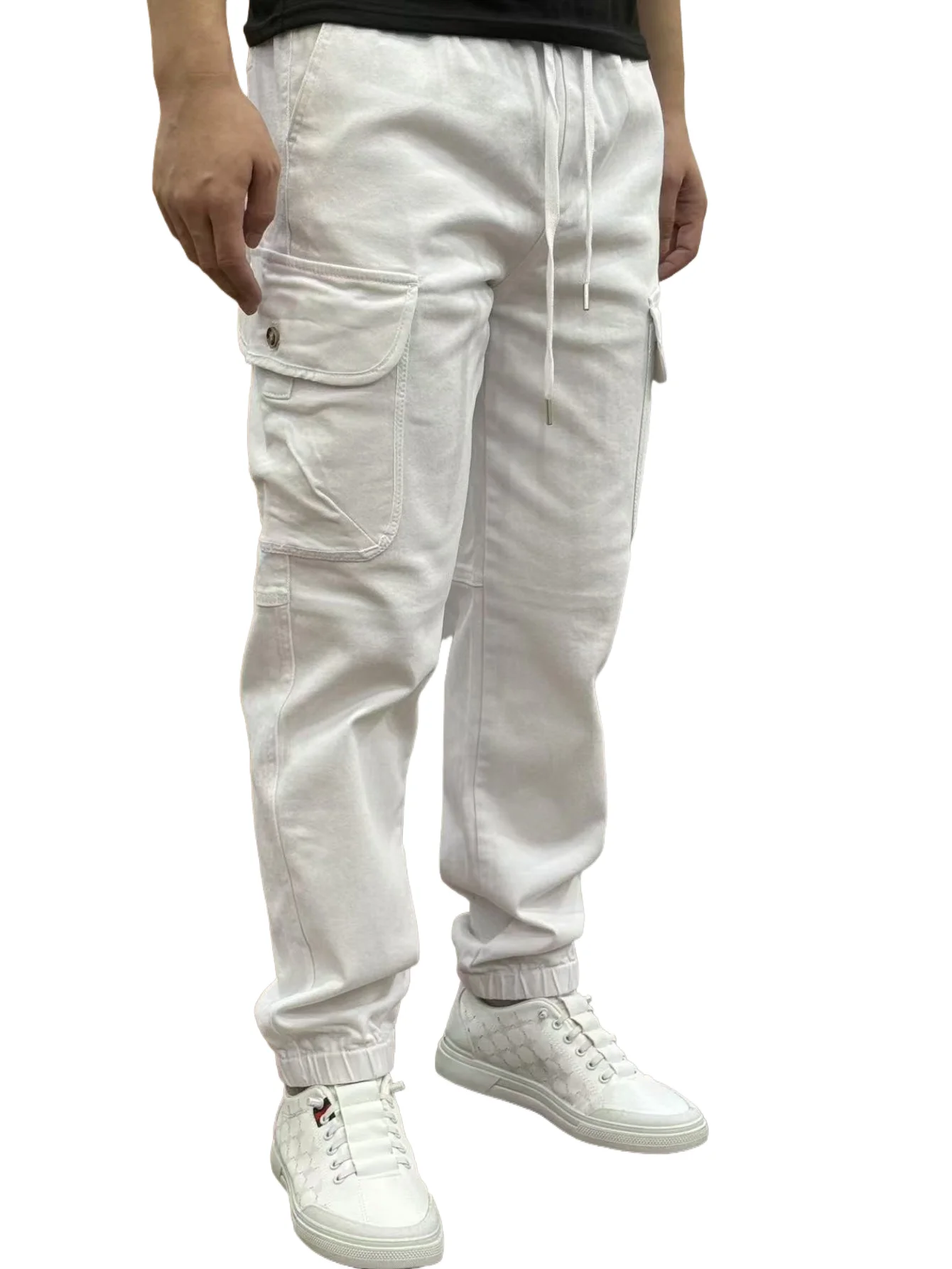 

KING JEANS Men's Pants With Elastic Waistband And Drawstring For Leg-Holding Multiple Pockets Design Hip-Hop Motorcycle Style