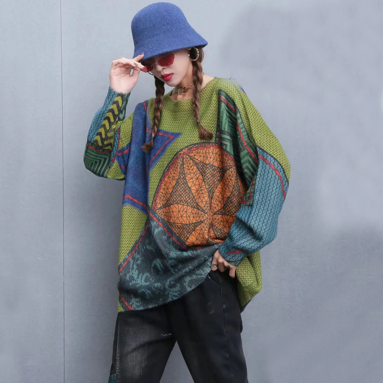 

231007 Winter Sweaters Women Retro Print Loose O-neck Imitated Mink Wool Female Fashion Knit Tops Out Swerter Wear