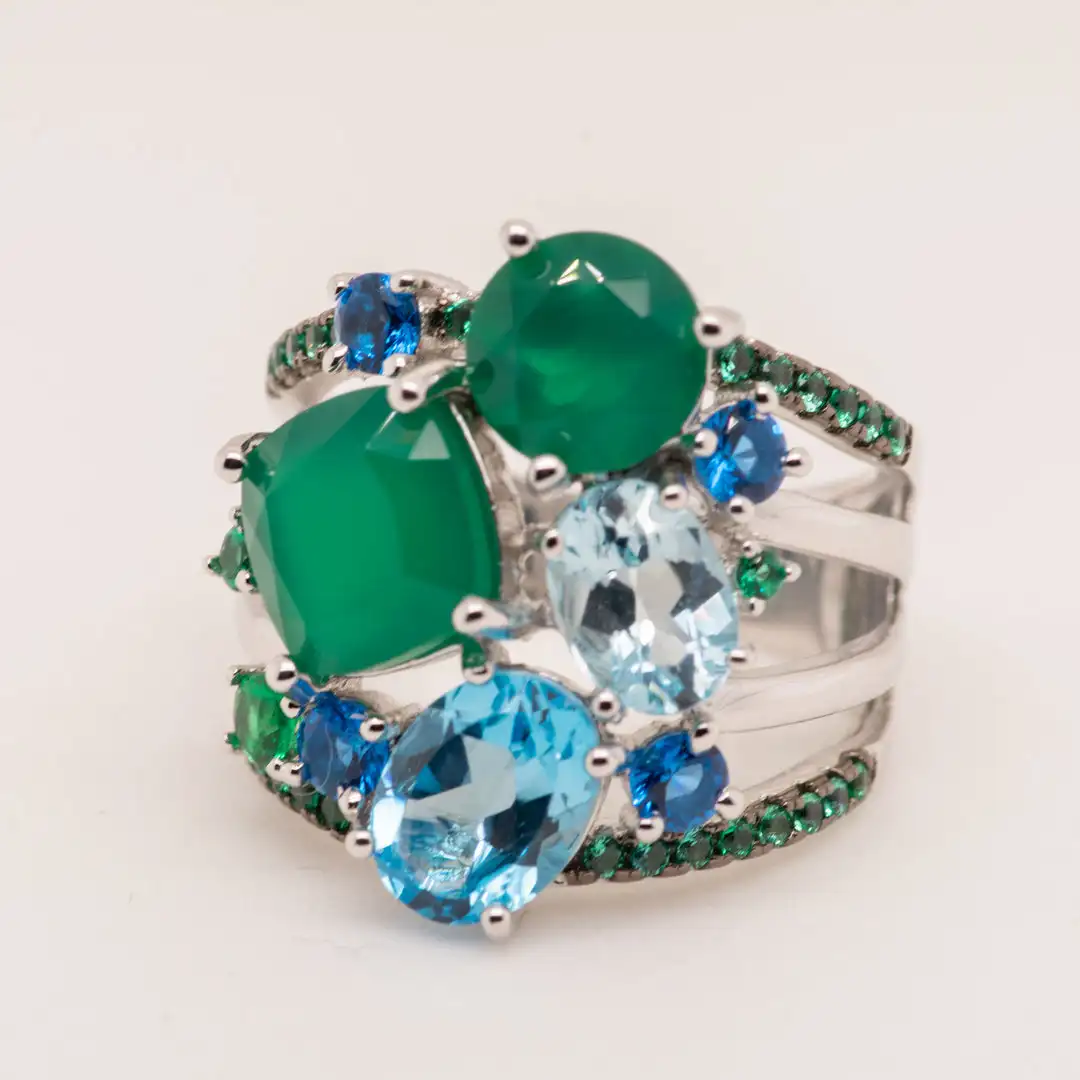 GEM\'S BALLET 925 Sterling Silver Stack Rings Natural Green Agate Topaz Gemstones Finger Ring for Women Wedding Fine Jewelry