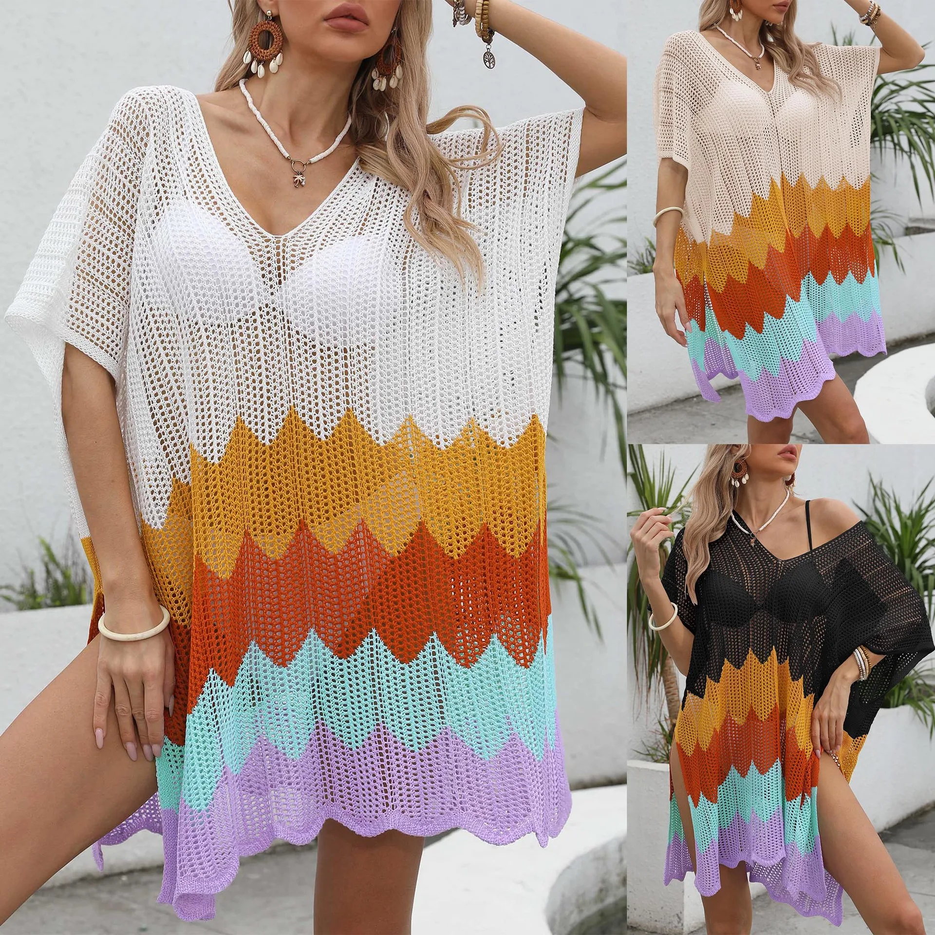 2024 Trend Striped Beach Cover Up Dress for Women Summer Knitted Outwear Black Crochet Tunic Lades Pink Swim Wear Bikini Coverup