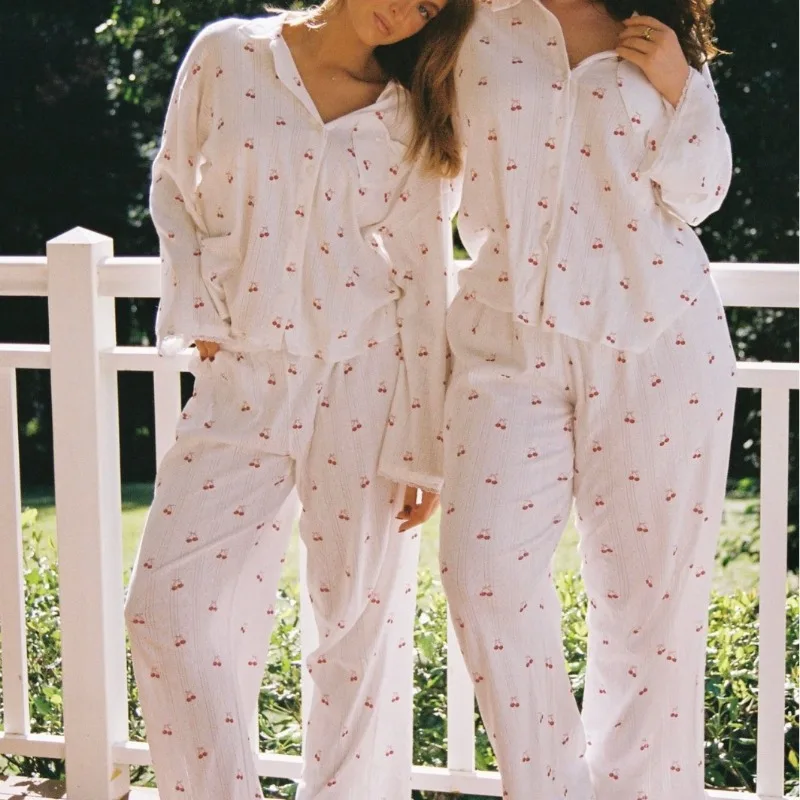 

Spring Autumn Women's Casual Loungewear Set Cherry Print Knitted Cardigan Long Sleeves Trousers Comfort Xxl Size matching set