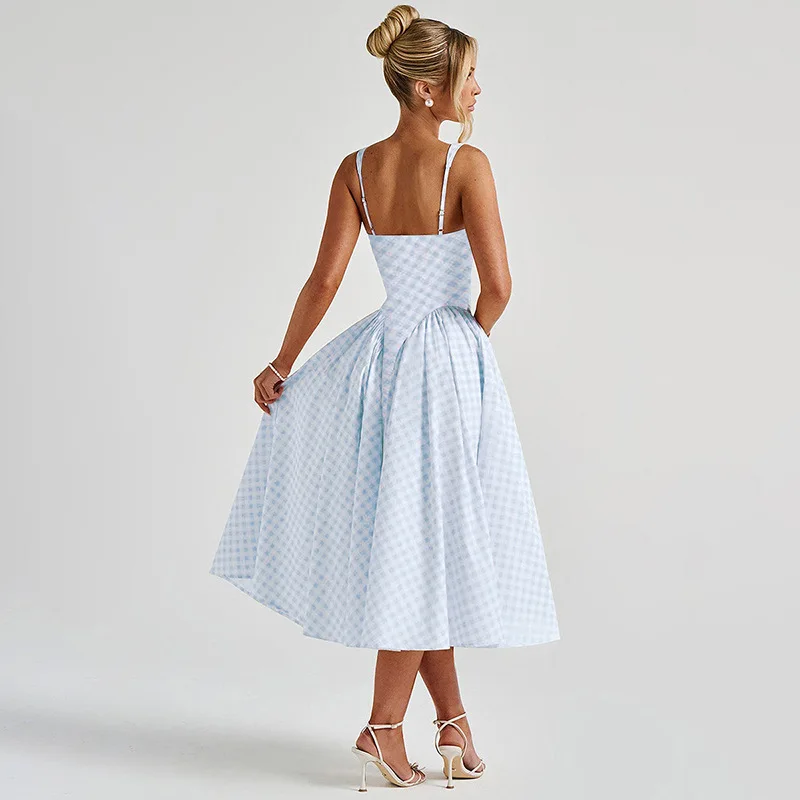 فستان الأميرة المألوف على الطراز الفرنسي الجديد منقوش بخصر مطبوع فستان قصير مثير بدون ظهر ملابس نسائية