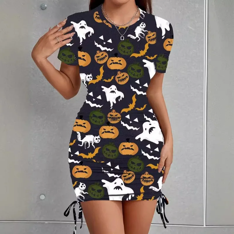 

Dress for Women Fashion Female Clothes Halloween Bat Witch Hat Pumpkin Ghost Women's Sexy Skinny Short Sleeve Wrap Hip Dresses