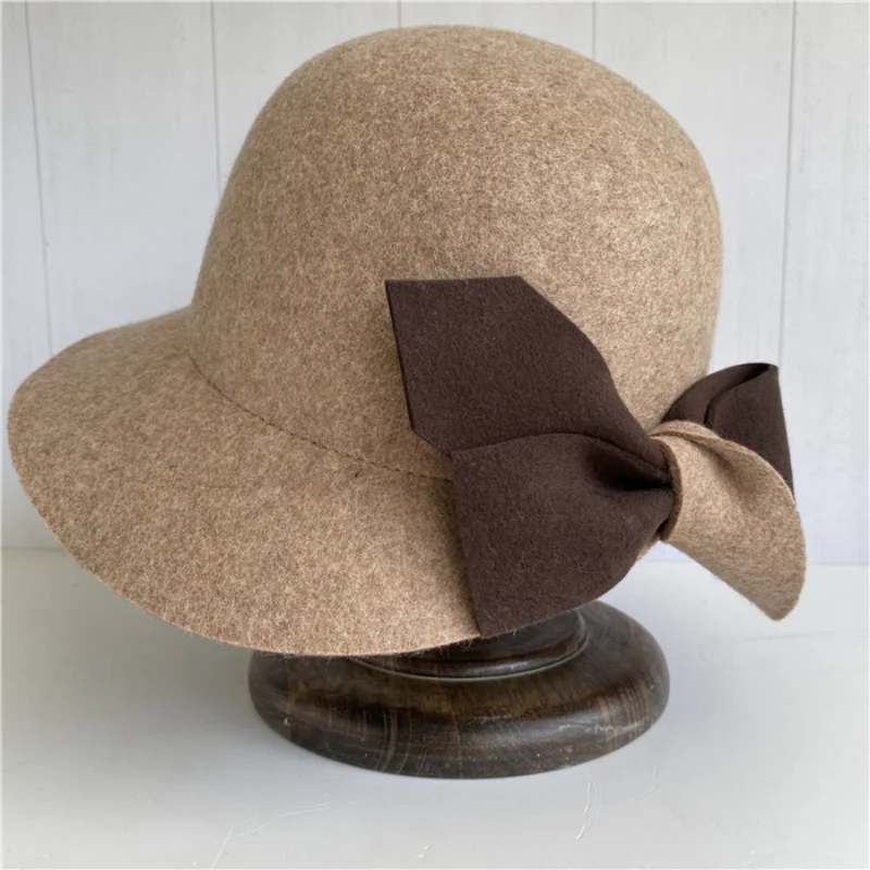 100 Pure Woolen New Products In Autumn and Winter Ladies Oatmeal Camel Bow Fisherman Hat Basin Hat Felt Hat