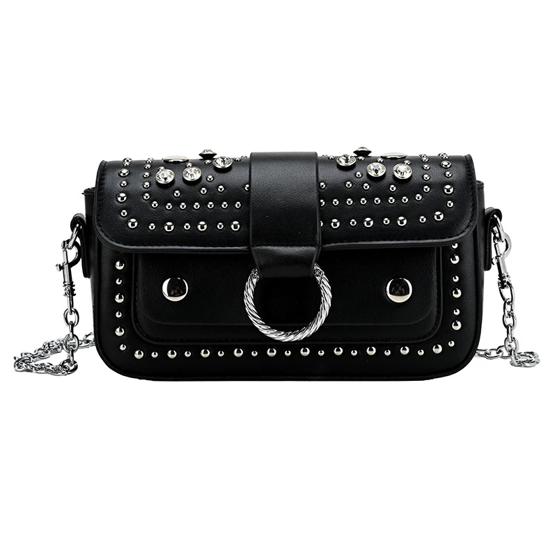 

Luxury Rivet Rhinestone Crossbody Bag Stylish Metal Chain Shoulder Bag French Style Magnetic Buckle Small Square Bag