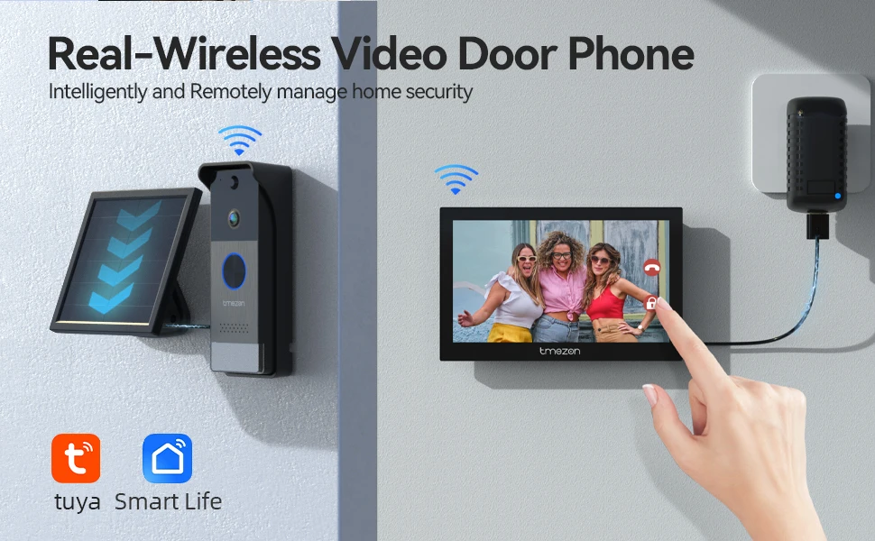 TMEZON Solarbetriebenes, kabelloses WLAN-Videotürsprechsystem für die Sicherheit zu Hause, 1080P-Intercom-System, 7-Zoll-Farb-Touchscreen-Monitor, Video-Türklingel mit Solarpanel, PIR-Bewegungserkennung, Fernentriegelung, 2,4/5G WLAN – Detail 1