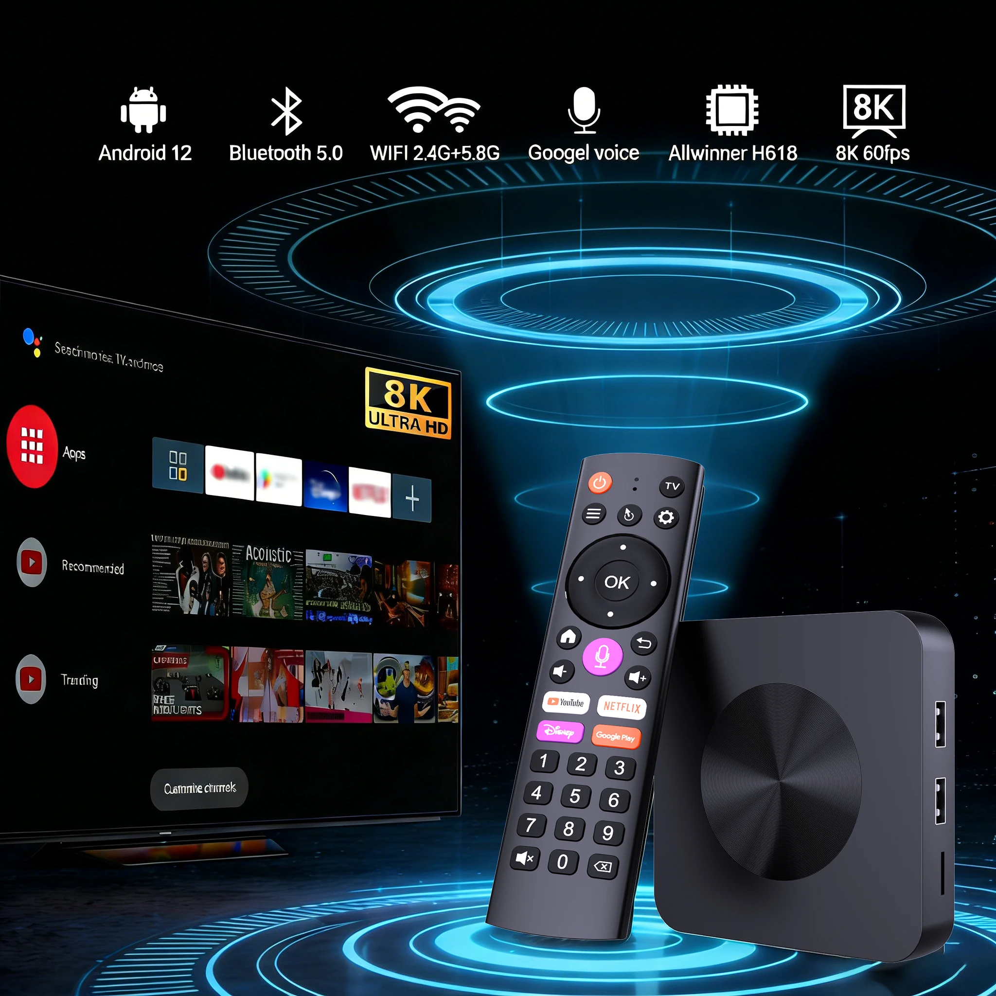 Velec New I96 Z8 Max TV Box Grace Retro and Cool CD-Pattern Design Android 12 8K 2+16GB Bluetooth 5.0 Voice-Controlled Remote