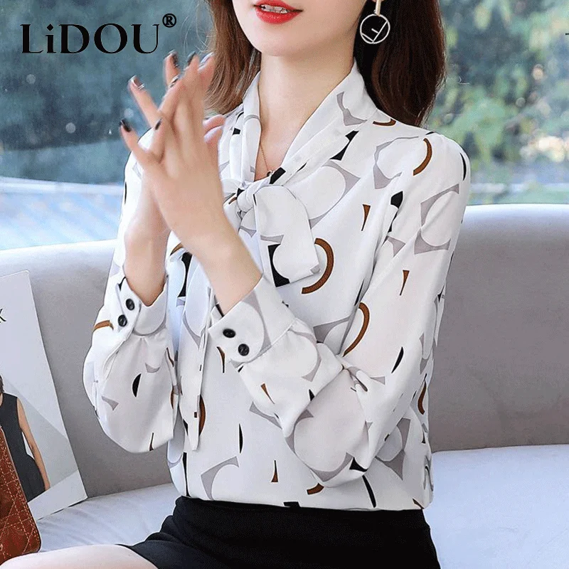 Spring Autumn Korean Print Chiffon Office Lady Shirt Fashion Design Tie Lantern Sleeve Bow Top Women Aesthetic Female Clothes