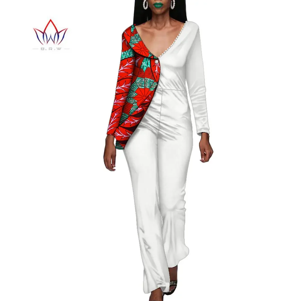 

Bintarealwax Fashion Jumpsuit Dashiki African Wax Print Patchwork Rompers Deep V Neck Jumpsuit African Clothing WY2166