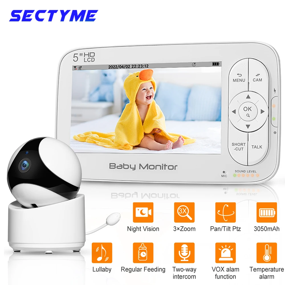 Sectyme 5 Inch Baby Monitor High Resolution Night Vision Temperature Sleep Camera Monitoring Baby Cry Alarm Wireless Baby Camera