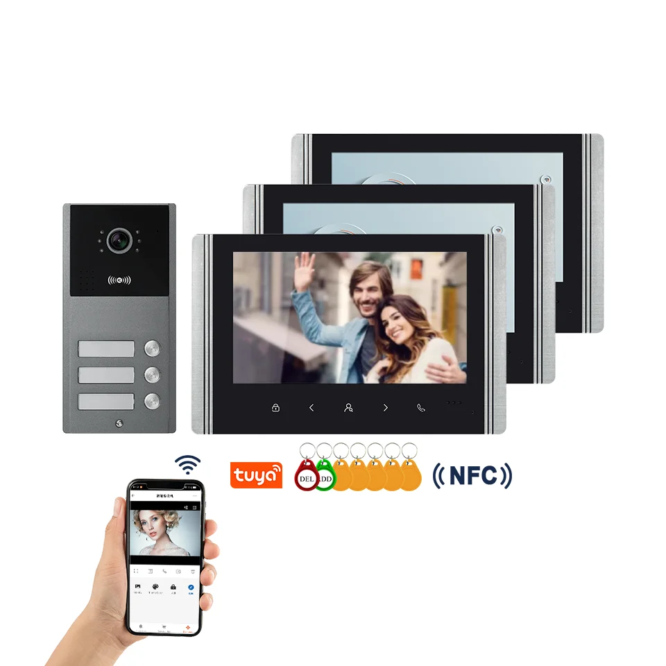 

7inch WIFI Video Intercom For 3 Units Apartment Smart Tuya AHD 1080P Video Doorbell Door Phone 3 Buttons Metal Camera Kits