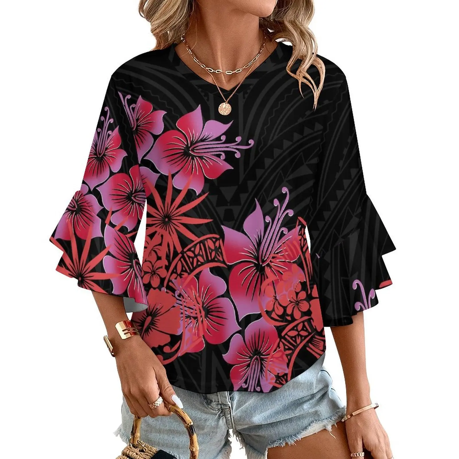 

Полинезийское Самоа Bloom, настраиваемая женская блузка с v-образным вырезом и рюшами на рукавах, мягкий хлопок, тропический офис, выходные