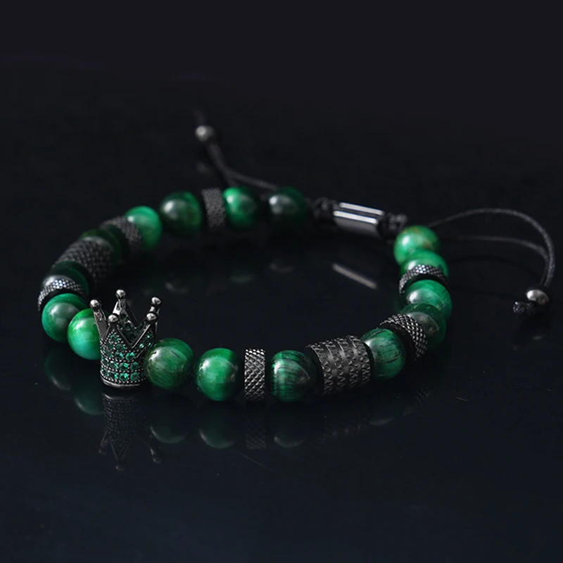 Luxury Natural Tiger Stone Beads Crown Charms Man Bracelet Women Hand Stainless Steel Jewelry Gift