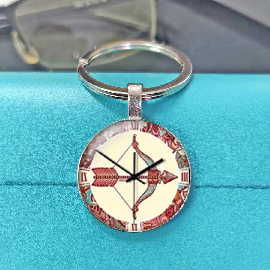 Exquisite New Product Vintage Tribal Zodiac Constellation Clock Keychain Mandala Print Glass Keyring Accessory