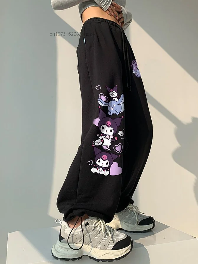 Sanrio Cute Kuromi Black Wide Leg Pants For Women\'s New High Waist Casual Strap Sports Pants Hip Hop 2000s Aesthetic Trousers