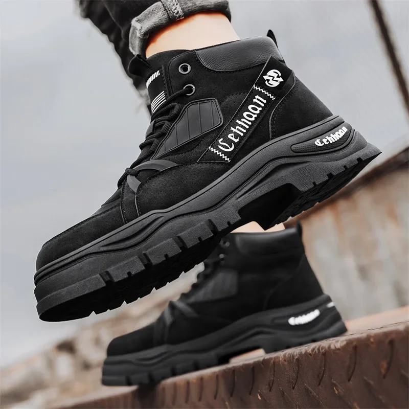 Zapatos de hombre, botas de nieve impermeables para hombre, zapatillas altas, botines de combate de lujo 2025 para hombre, zapatos de cuero informales ligeros para exteriores