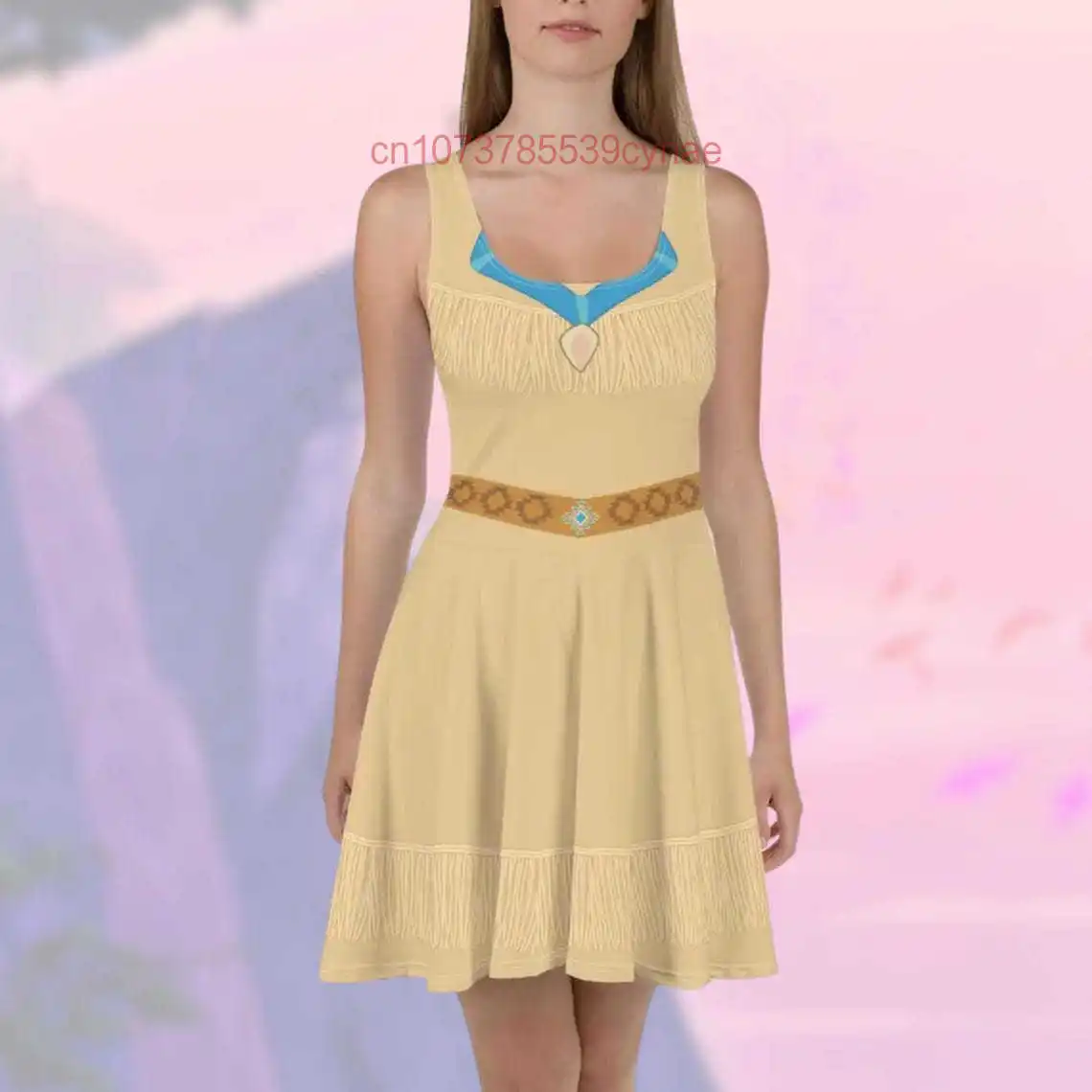 ใหม่ Pocahontas Princess Running เครื่องแต่งกาย Skater ชุดผู้หญิงรอบคอแฟชั่น Casual Beach Party Dress