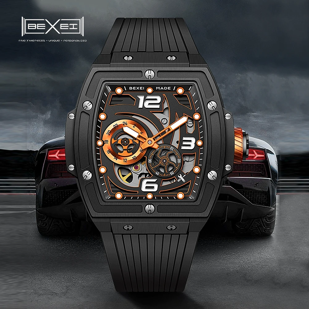 

2025Watch BEXEI Luxury Fashion Men Original Automatic Sports Tonneau Skeleton Mechanical Wrist Watches