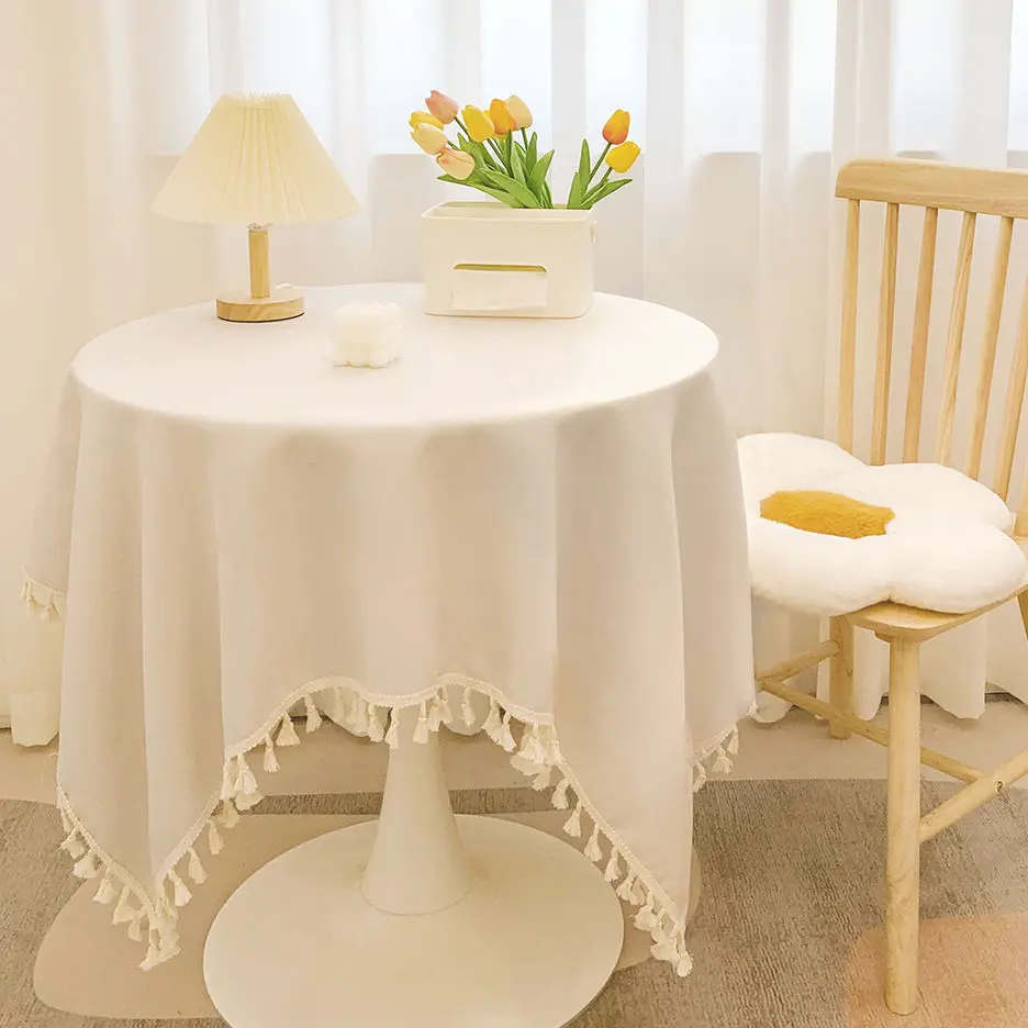 Japanese-Style Tassel Cotton Linen Tablecloth Cover Solid Color Desk Decorative Cloths Atmosphere Sense Round Table Tablecloths