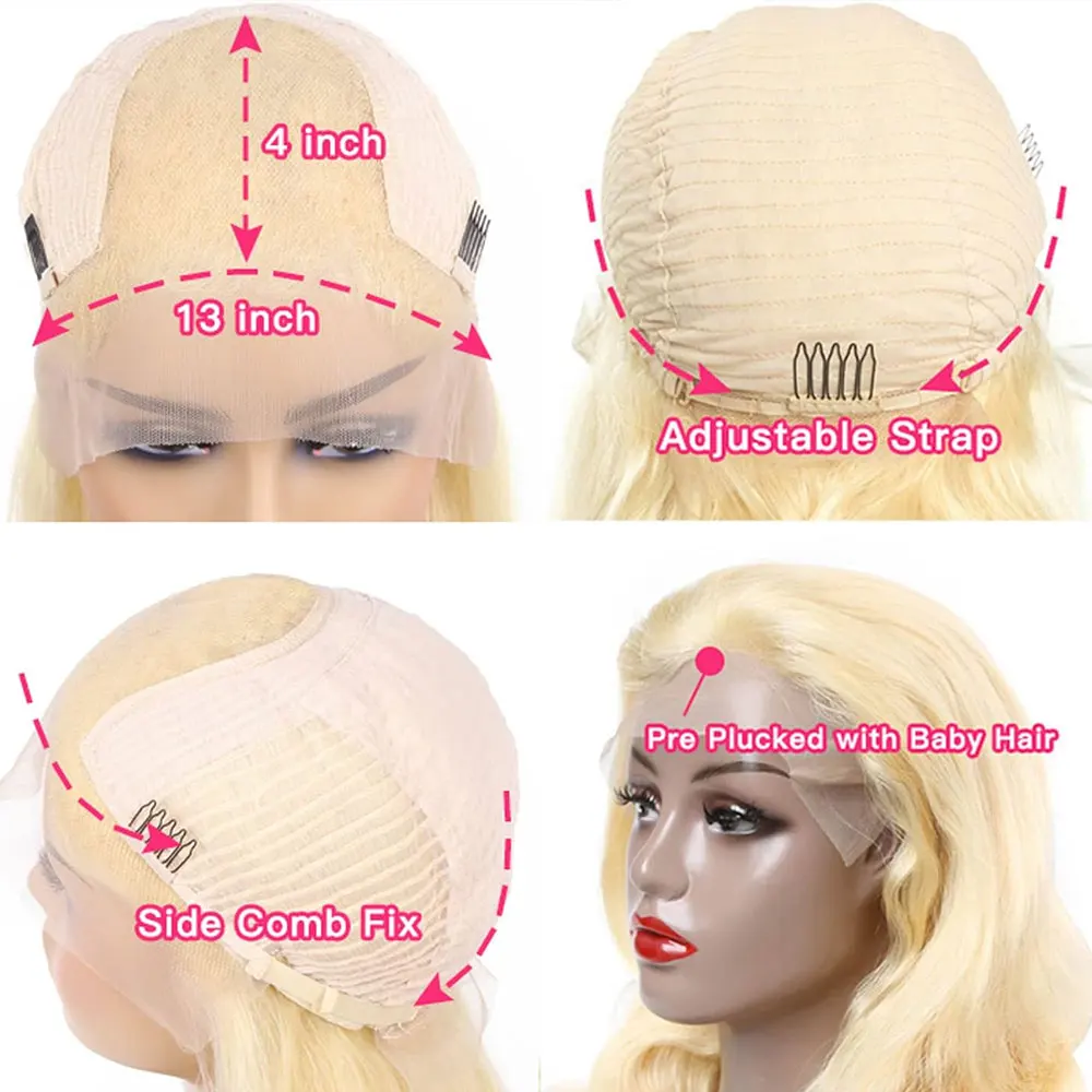 250%密度 613 #   ブロンドロングボディウェーブレースフロントウィッグ 13x6 HD透明レースウィッグ ベビーヘア付き 女性用 プリプラッキング済み