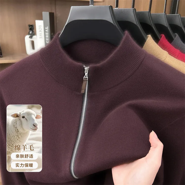 2026 Autumn Winter men's sheep wool stand collar zipper knitted cardigan middle-aged loose warm sweater jacket