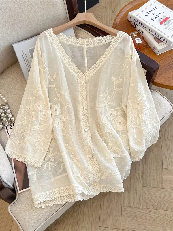 قميص دانتيل مطرز جديد صيفي جديد فضفاض ملابس أمومة سترة رفيعة ملابس خارجية للنساء مقاس كبير نمط غير رسمي #2